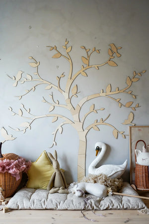 Décoration murale arbre en bois avec oiseaux, déco chambre bébé, finition bois naturel clair