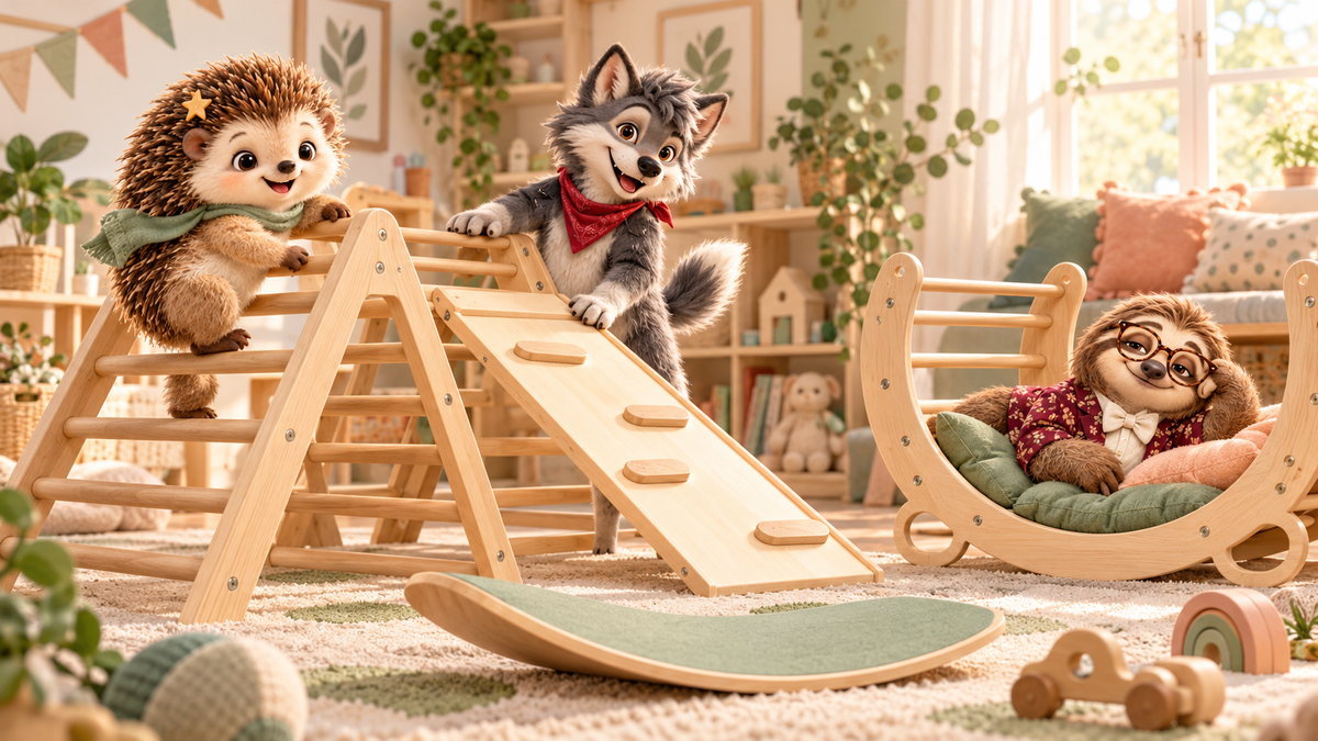 Gravitaly characters in a cozy playroom with wooden toys – Gravi the hedgehog, Freedom the wolf, and Lazy the sloth playing and exploring together.