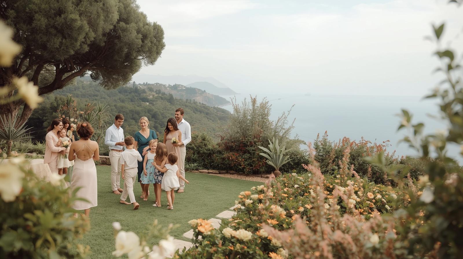 Italian christening celebration in a coastal villa garden with sea views and a family dressed in light summer clothing