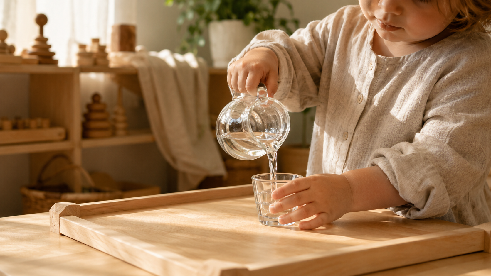 Toddler carefully pouring water from a small glass pitcher into a tiny glass cup in a warm Montessori-inspired playroom.