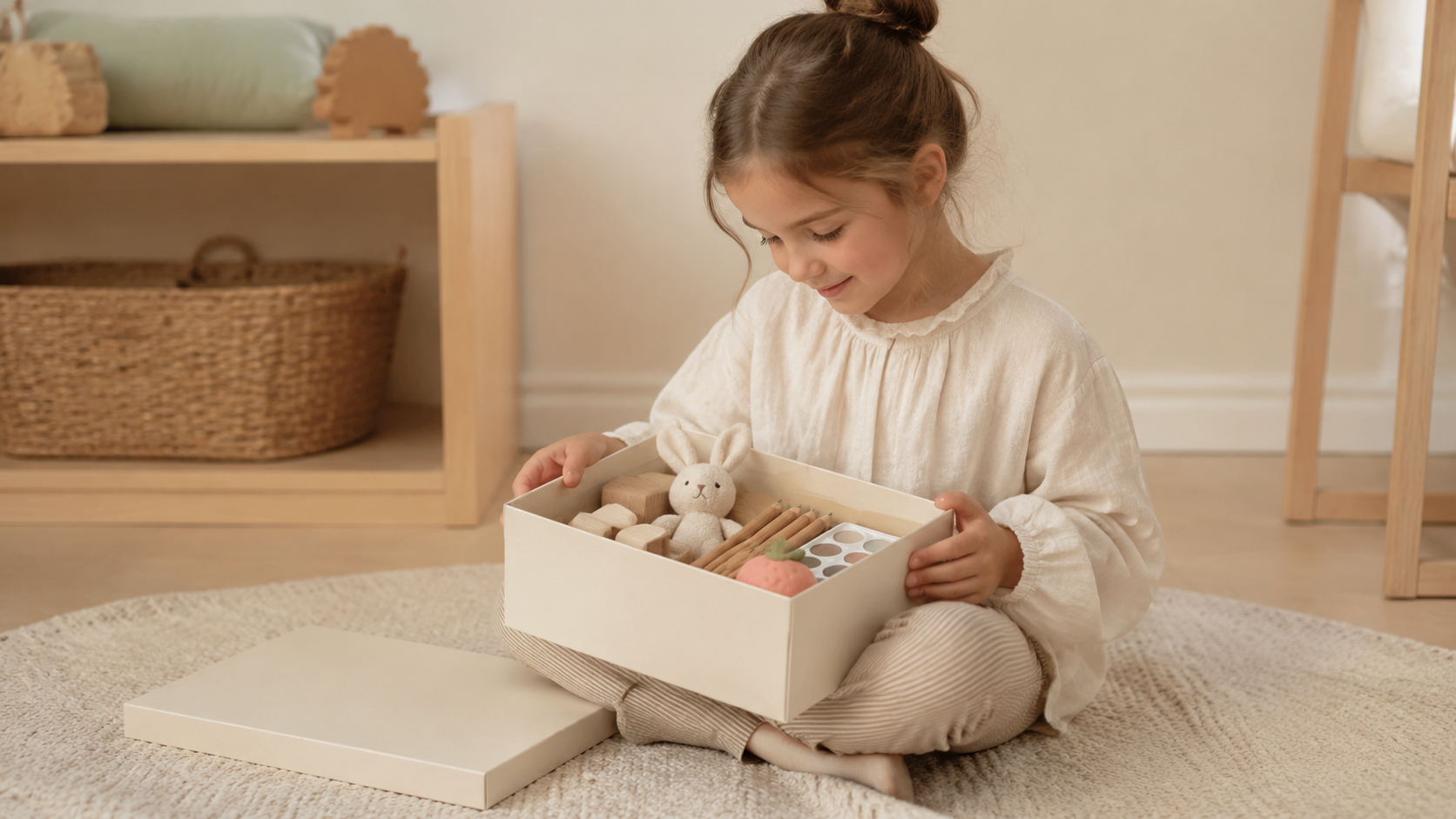 Child opening a thoughtfully curated gift box with creative, sensory and wooden toys
