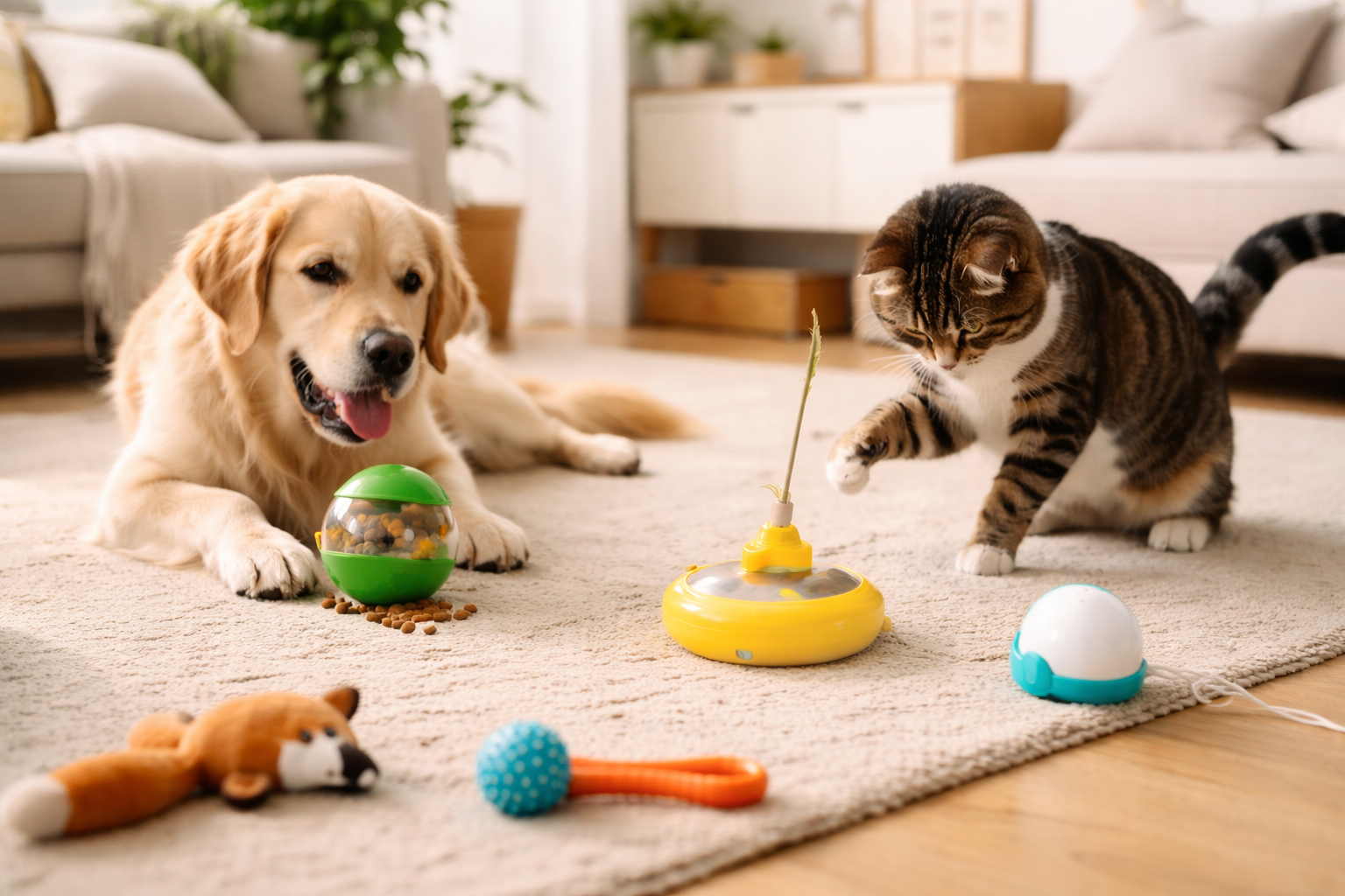 Cane e gatto che giocano con giochi interattivi in un luminoso soggiorno moderno, rappresentando la linea di giochi per animali Gravitaly.