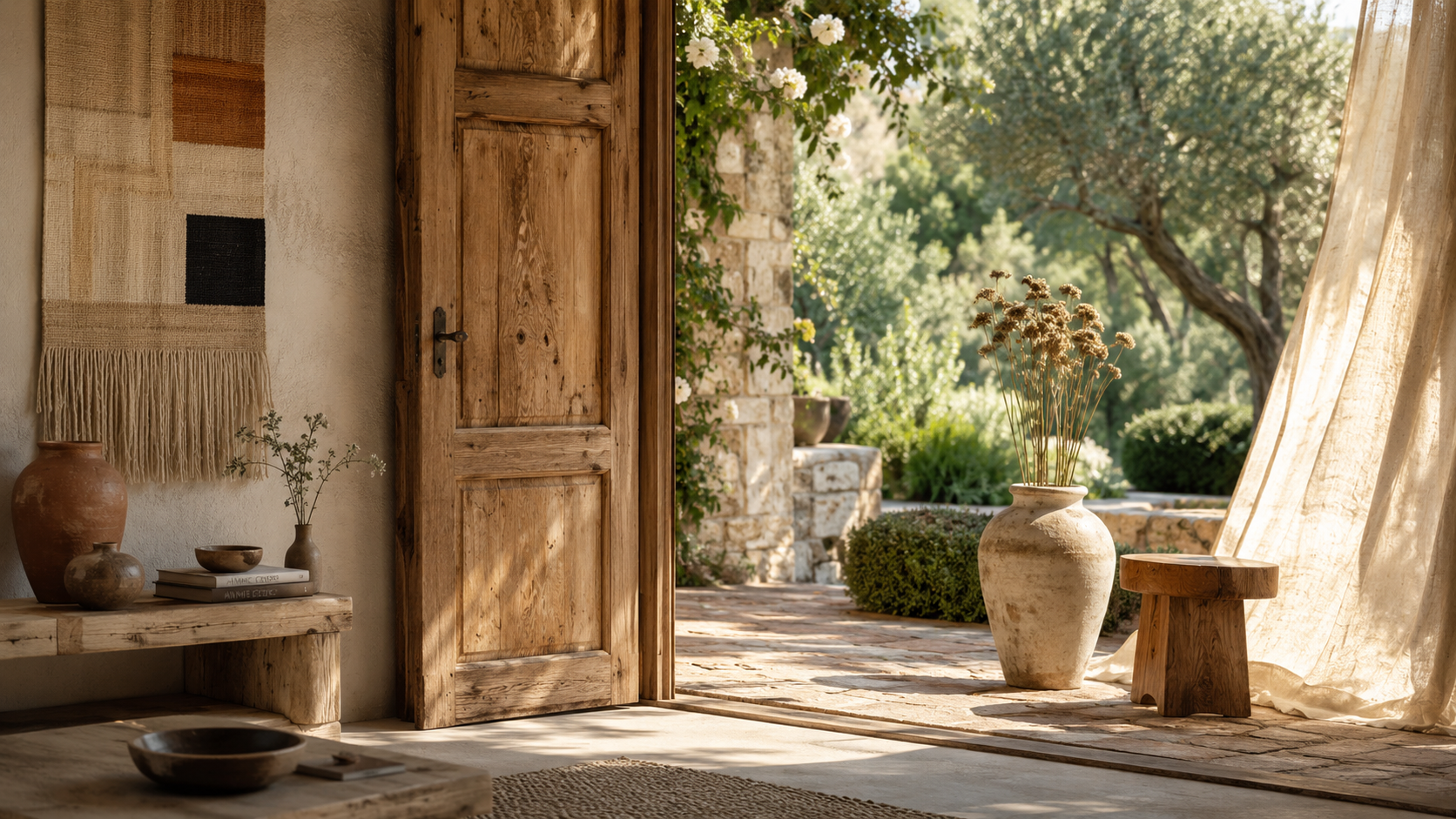 Eleganter Indoor-Outdoor-Wohnbereich mit rustikaler Holztür, handgefertigter Keramikvase, Leinentextilien und sonnendurchflutetem mediterranem Garten.