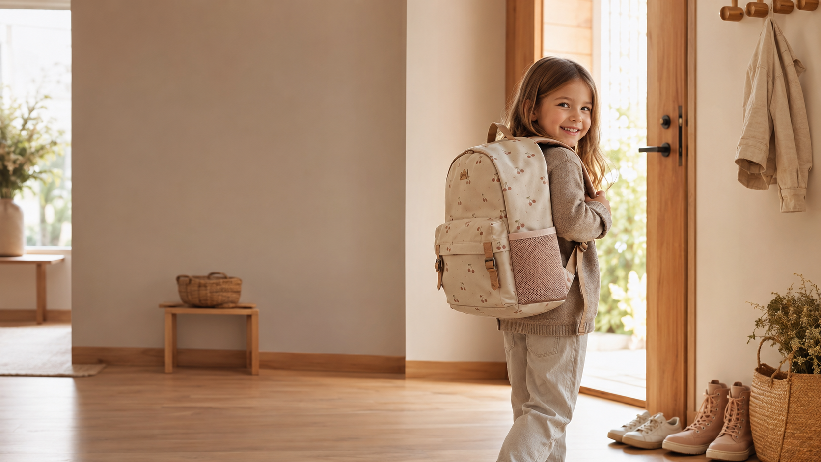 6-7  year old girl is preparing to go to school. Wearing backpack and smiling.