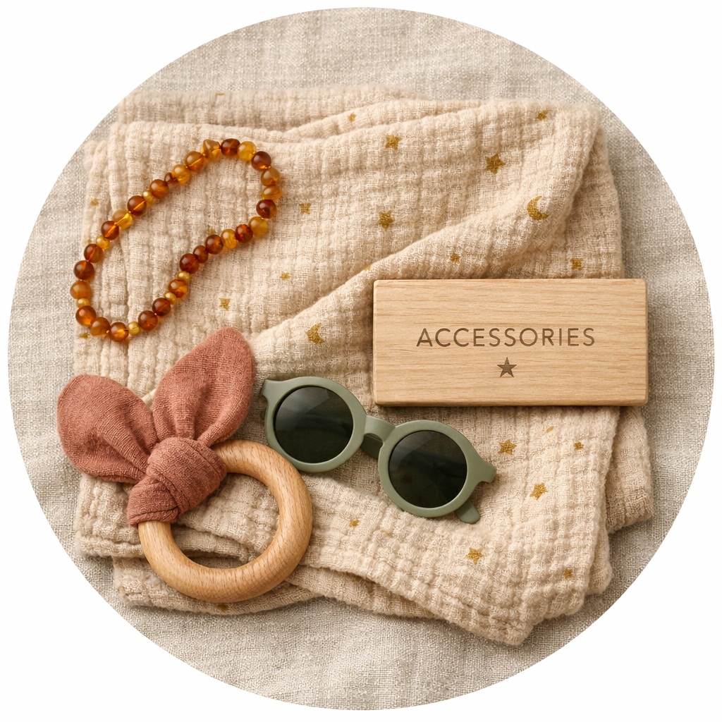 Flat lay di accessori artigianali: fasciatoio in mussola stellata, collana in ambra, anello per dentizione in legno e occhiali da sole color salvia con blocco in legno inciso "Accessories".