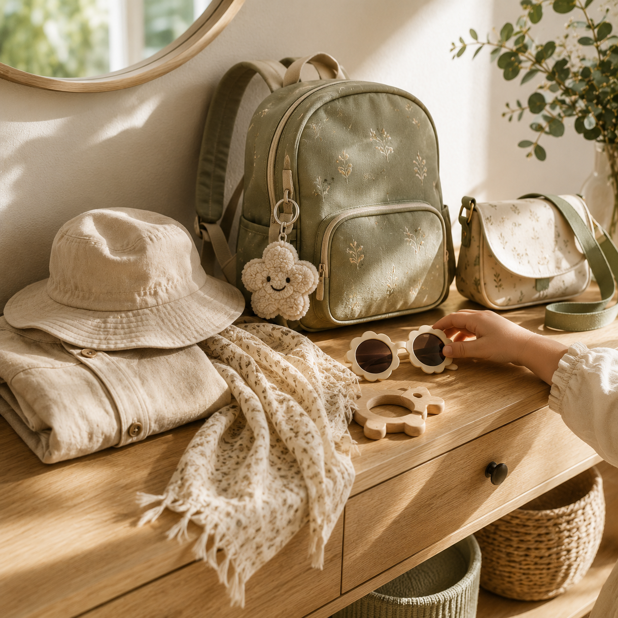 Flat lay of artisanal baby accessories featuring a star-printed muslin swaddle, amber teething necklace, wooden ring teether, and sage green sunglasses with an etched 'Accessories' wooden block on a linen background.