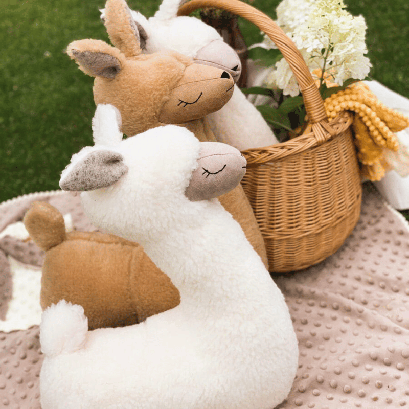 Gruppo di peluche a forma di alpaca su una coperta rosa testurizzata durante un picnic all'aperto, con cestino di fiori e coperta gialla con pompon sullo sfondo.