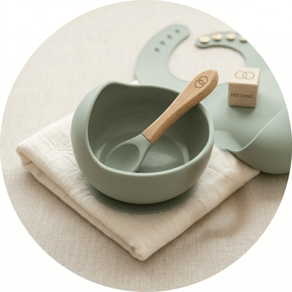 Set pappa per neonati in silicone color salvia su base in lino neutro: ciotola con ventosa, panno in mussola, cucchiaino con manico in legno, bavaglino in silicone e blocco in legno decorativo.