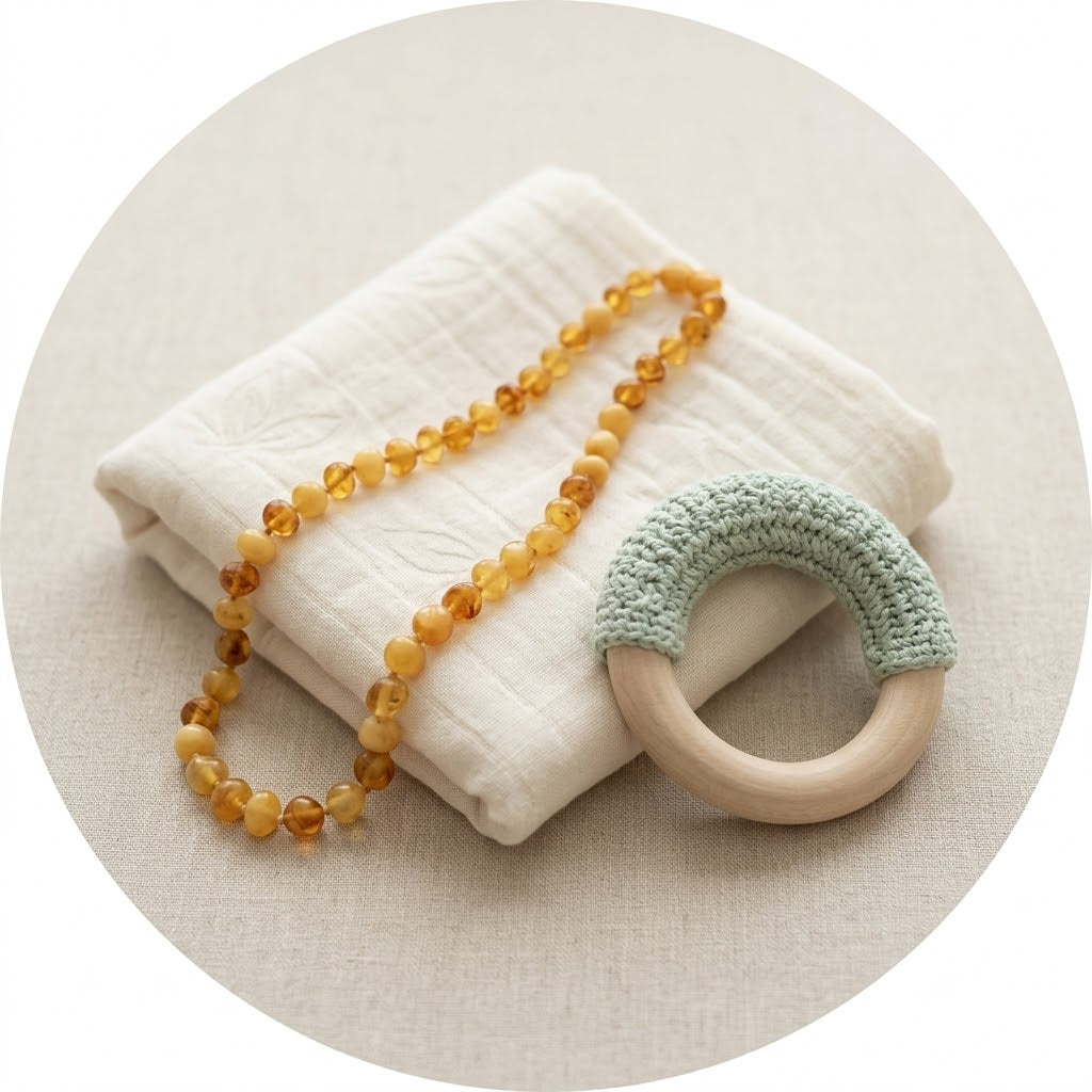 Collana per la dentizione in ambra naturale del Baltico per bebè abbinata a un massaggiagengive in legno con copertura in crochet verde chiaro, appoggiata su una mussolina bianca ripiegata.