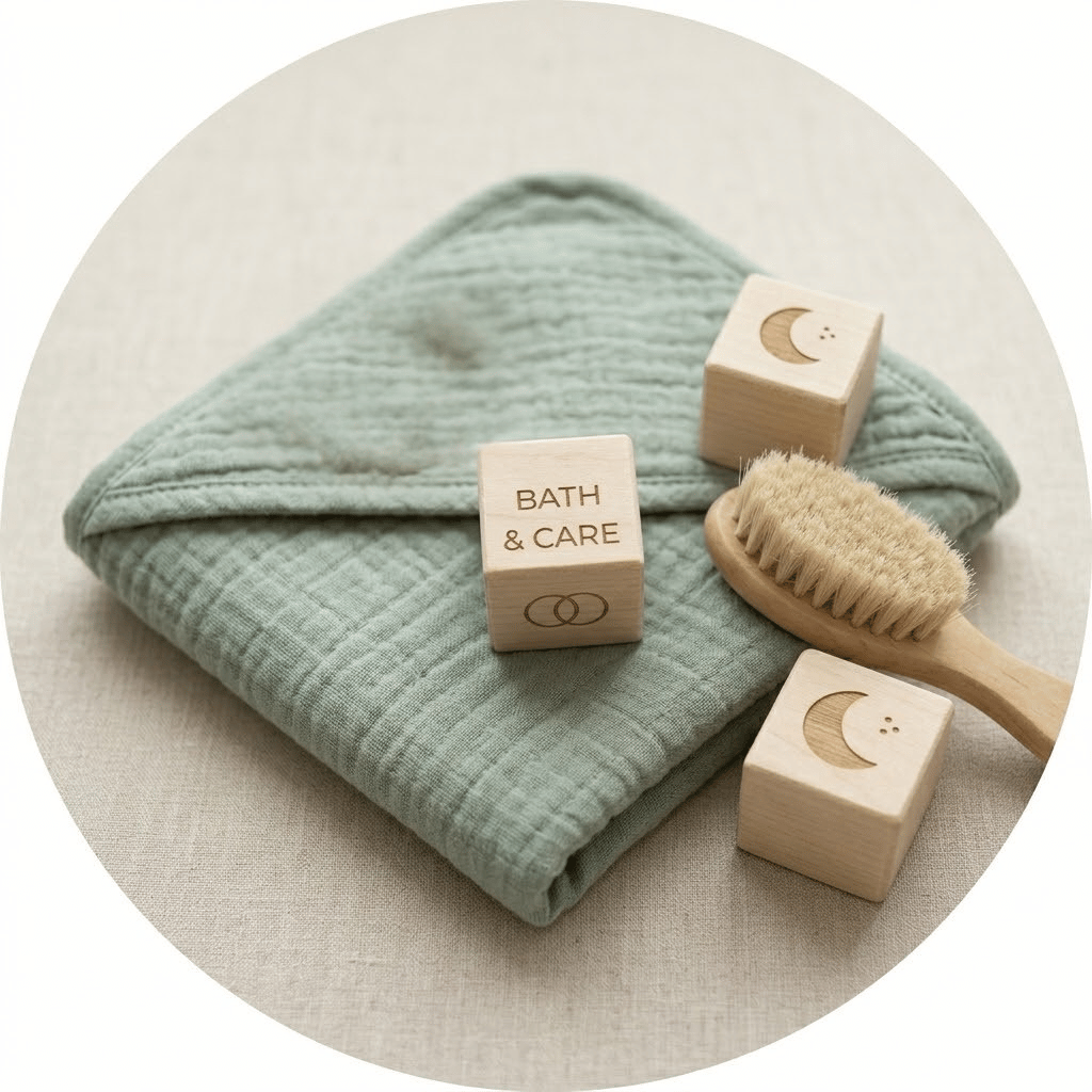 Set per il bagnetto e la cura del bebè: asciugamano in mussola color salvia con cappuccio, spazzolina in legno a setole morbide e blocchi decorativi su base in lino neutro.