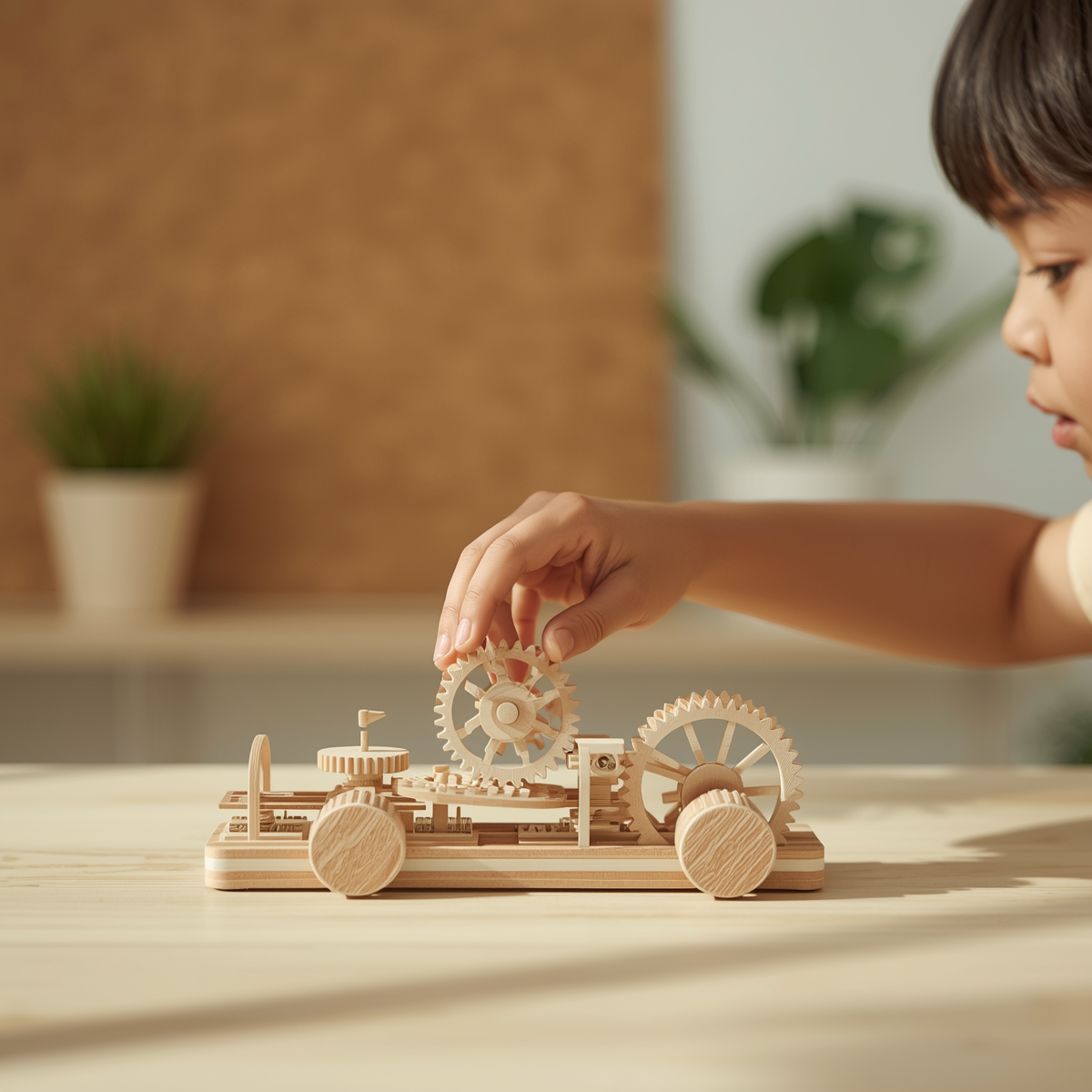 Bambino che gioca con un kit STEM di ingranaggi in legno su un tavolino in legno chiaro, in un ambiente educativo naturale.