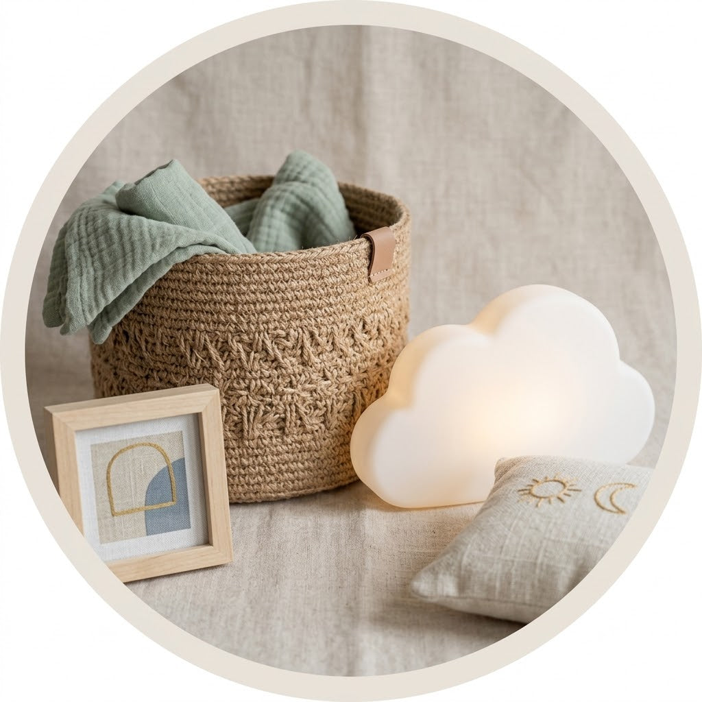 Gemütliche Kinderzimmereinrichtung mit einem leuchtenden, wolkenförmigen Nachtlicht, einem geflochtenen Jute-Aufbewahrungskorb mit grünen Musselintüchern und einem kleinen gerahmten Textilkunstwerk auf einer Leinenoberfläche.