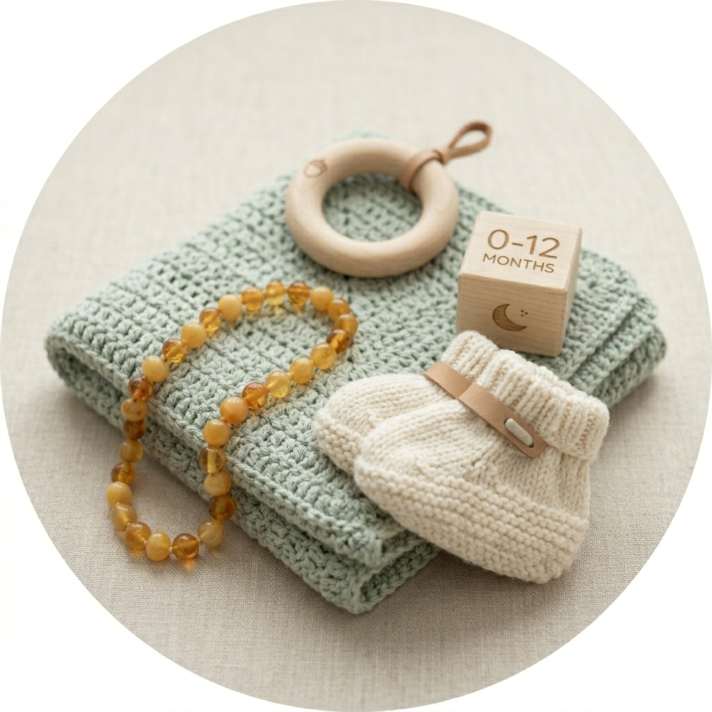 Flatlay-Icon: Meilenstein-Würfel (0-12 Monate), Bernsteinkette, Holzrassel und Strickschühchen auf einer mintgrünen Decke – Geschenkideen für Neugeborene.