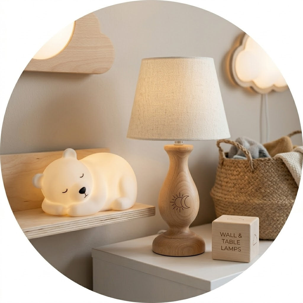 Collezione di lampade da cameretta dai toni neutri: lampada da tavolo in legno con paralume in lino, luce notturna a forma di orso polare e lampade da parete a nuvoletta.