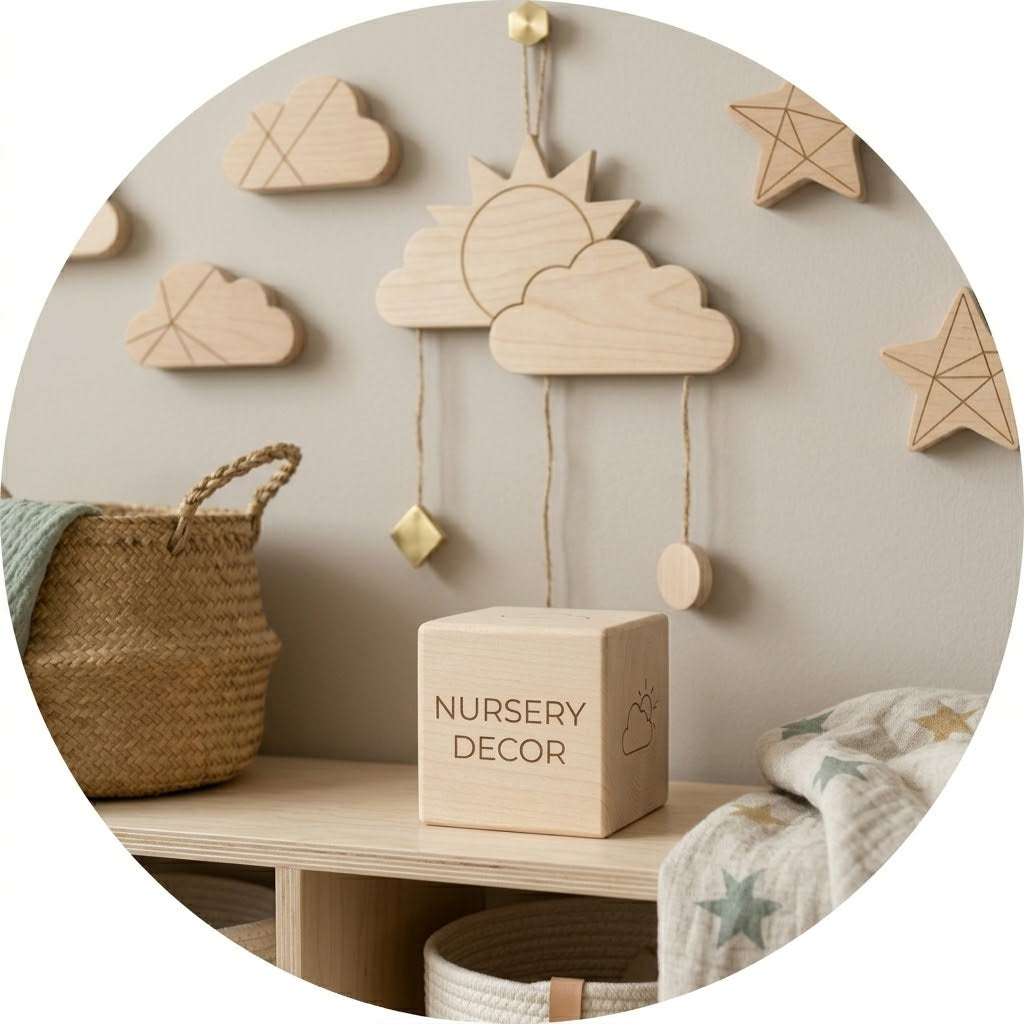 Collezione di decorazioni artigianali in legno per la cameretta con cubo "Nursery Decor", giostrina sole e nuvola e cestino in juta su mensola in betulla.
