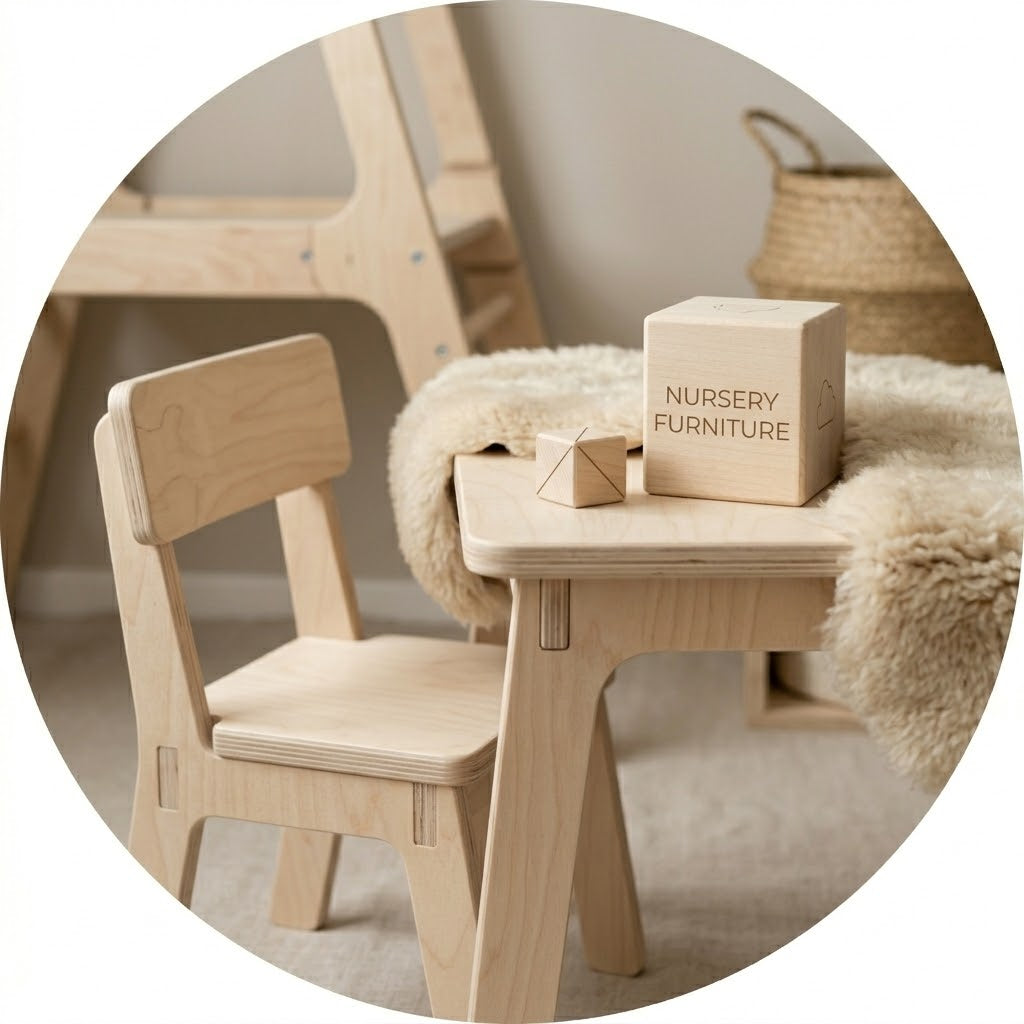 Dettaglio di sedia e tavolino minimalisti Leg&Go in legno con blocco in betulla inciso "Nursery Furniture" su base in lino, per esaltare l'artigianalità.