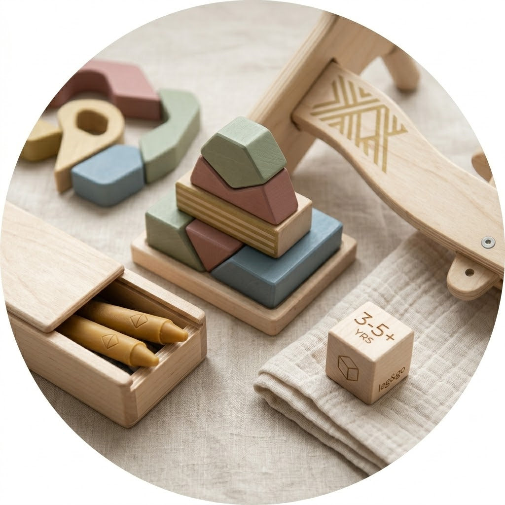 Flat lay circolare: cubo dei traguardi 3-5+ anni, scatola in legno con pastelli a cera d'api, blocchi geometrici impilabili e telaio per bici in legno, per i regali ai bimbi in età prescolare.