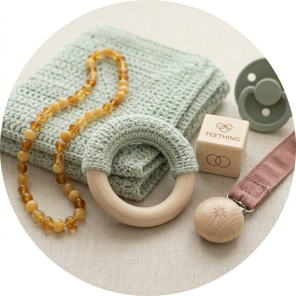 Set per la dentizione: collana in ambra, anello in legno con rivestimento in uncinetto color salvia, ciuccio coordinato con clip in tessuto e blocco in legno su un panno in maglia verde salvia.
