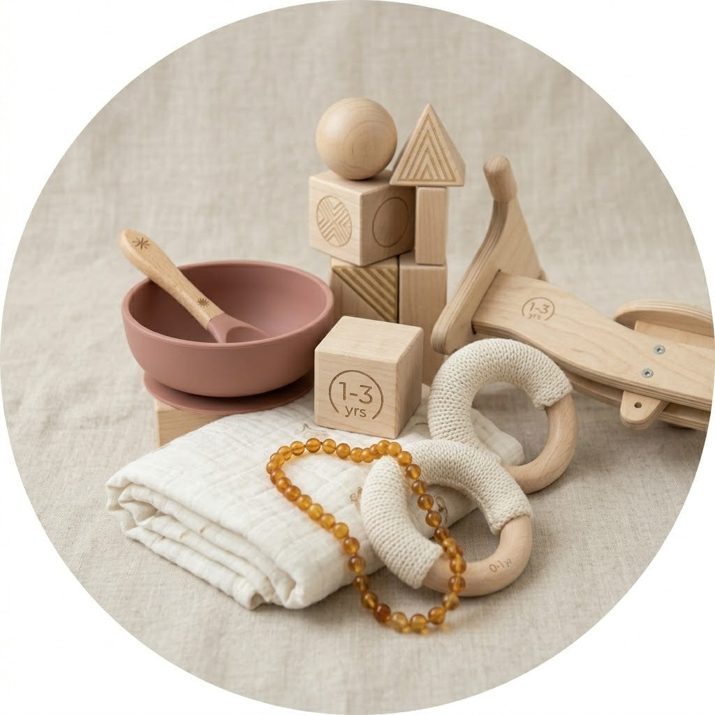 Flat lay circolare: cubo dei traguardi 1-3 anni, ciotola in silicone con ventosa e cucchiaino, blocchi geometrici in legno, telaio per bici senza pedali e collana per la dentizione, per i regali ai più piccoli.