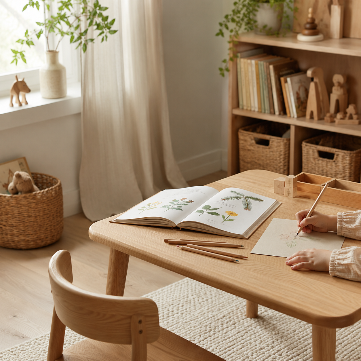 Scandinavian children’s learning corner with a wooden Montessori desk, open book, coloured pencils and a child drawing in soft natural light.
