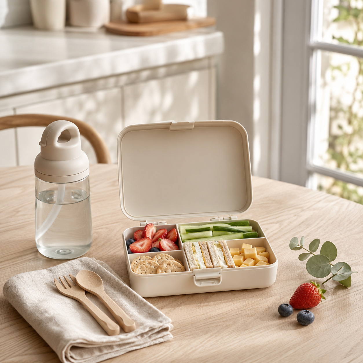 Open kids’ lunch box with fruit, sandwiches, cucumber sticks, cheese cubes and crackers on a light wooden table next to a reusable water bottle.