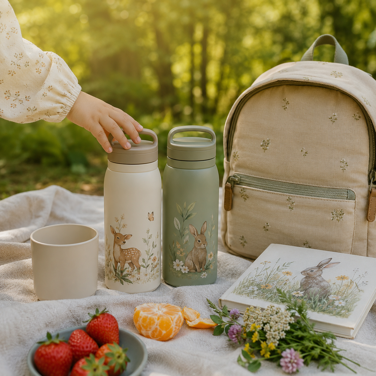 Two children’s reusable water bottles with a matching cup on a linen picnic blanket in a sunlit park, styled with a backpack, fruit, wildflowers and a picture book.