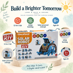 12-in-1 Solar Robot STEM kit infographic highlighting solar power, STEM learning and ages 8+