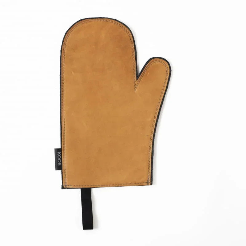 Tan suede oven mitt with black trim and KOOS brand tag, handcrafted European kitchen essential