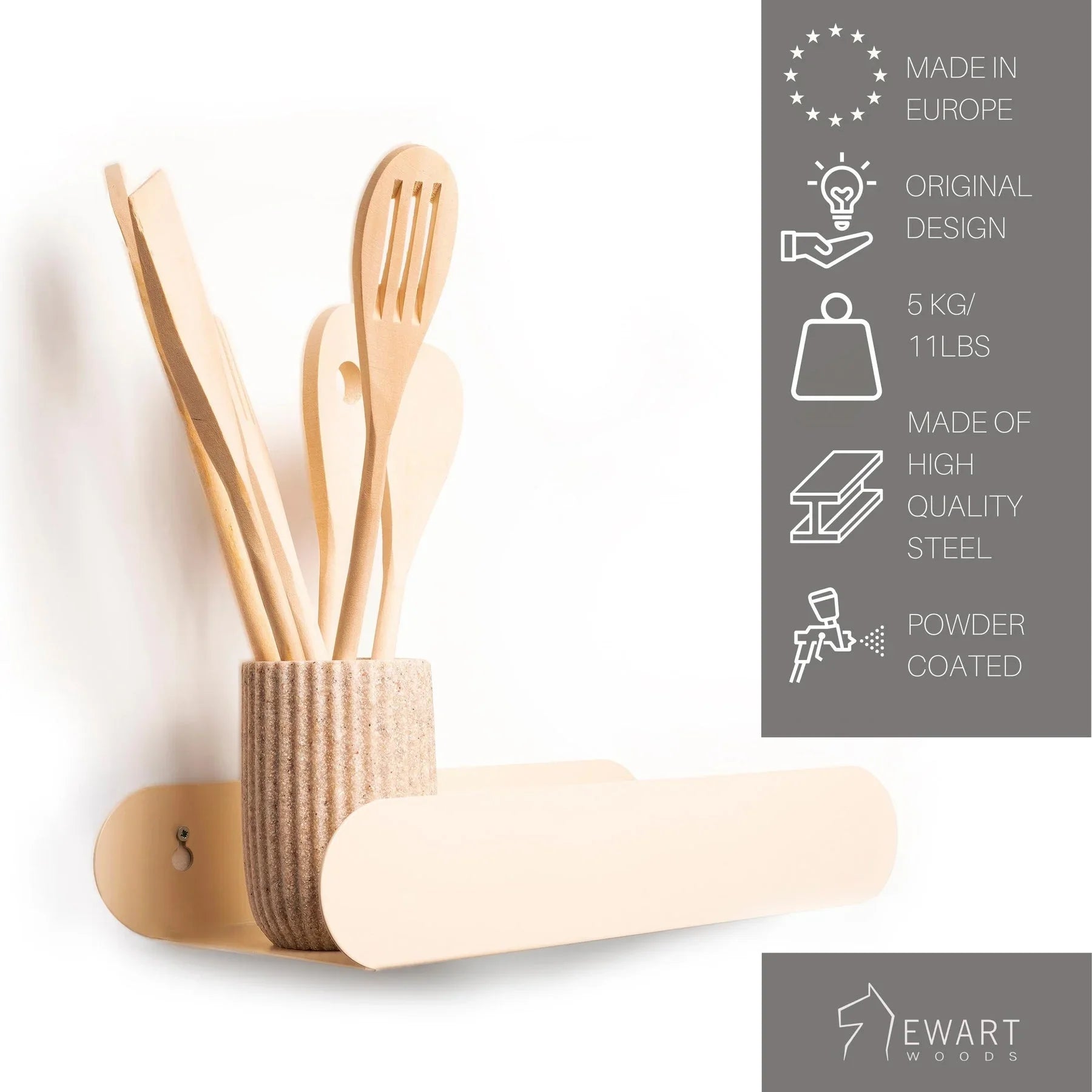 Wandmontiertes Küchenregal aus beigem Stahl mit Utensilienhalter, modernes, minimalistisches Design