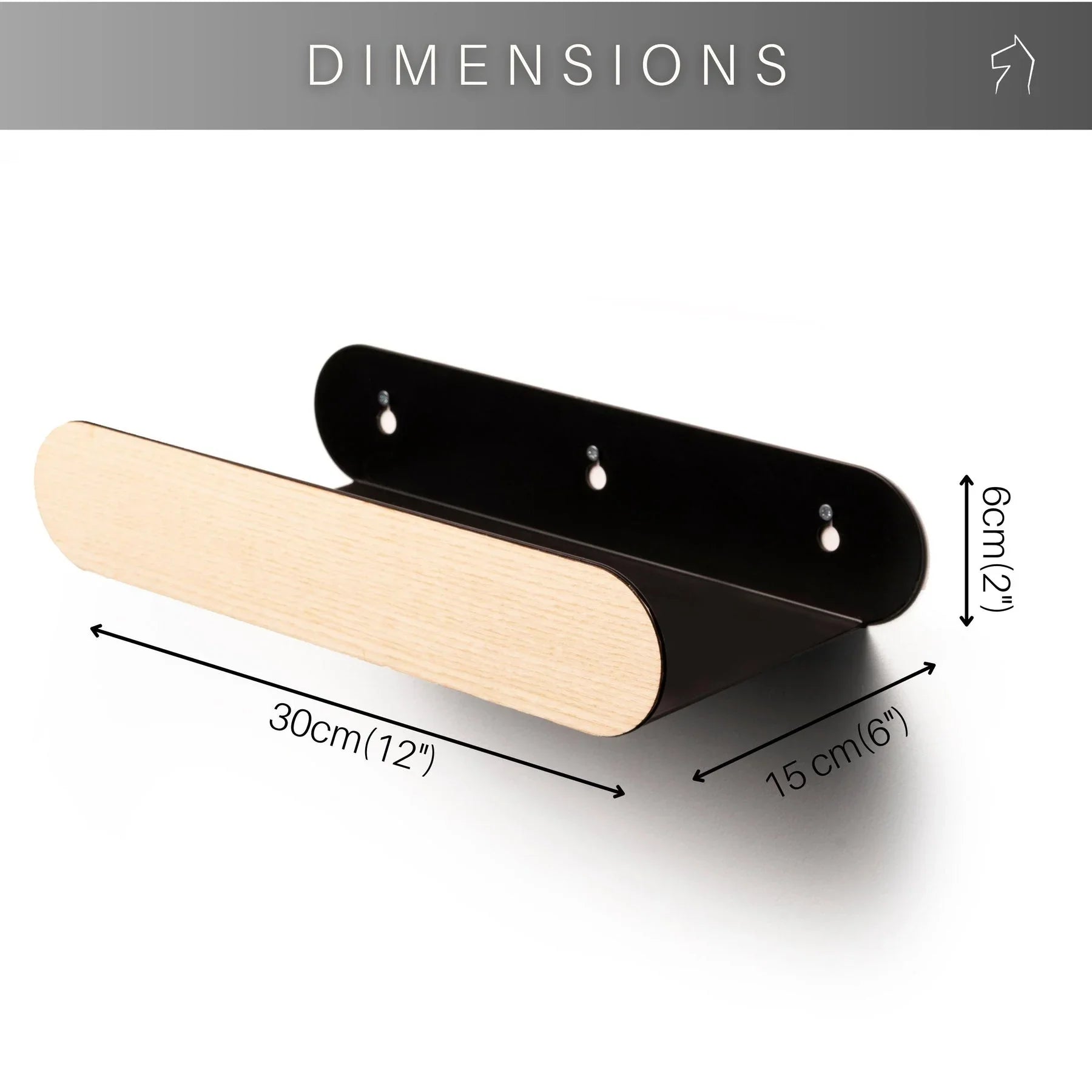 Moderna mensola da parete con cornice in metallo nero e frontale in legno chiaro, dimensioni 30x15x6 cm