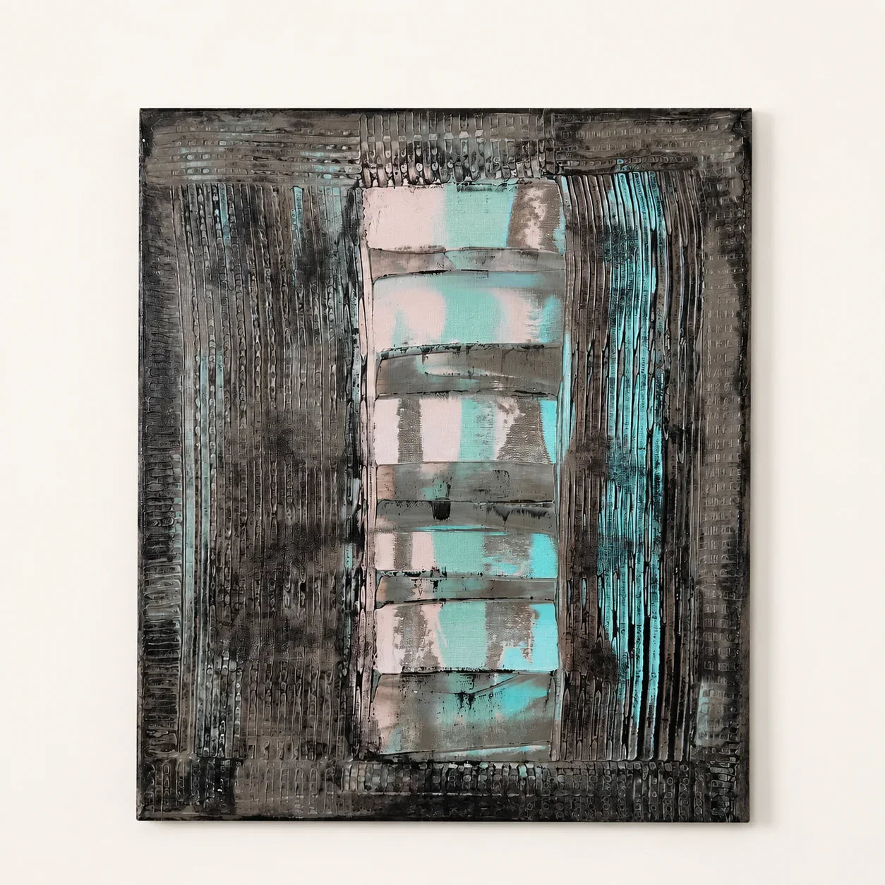 Abstract wall art with textured black, teal, and blush stripes, modern European design
