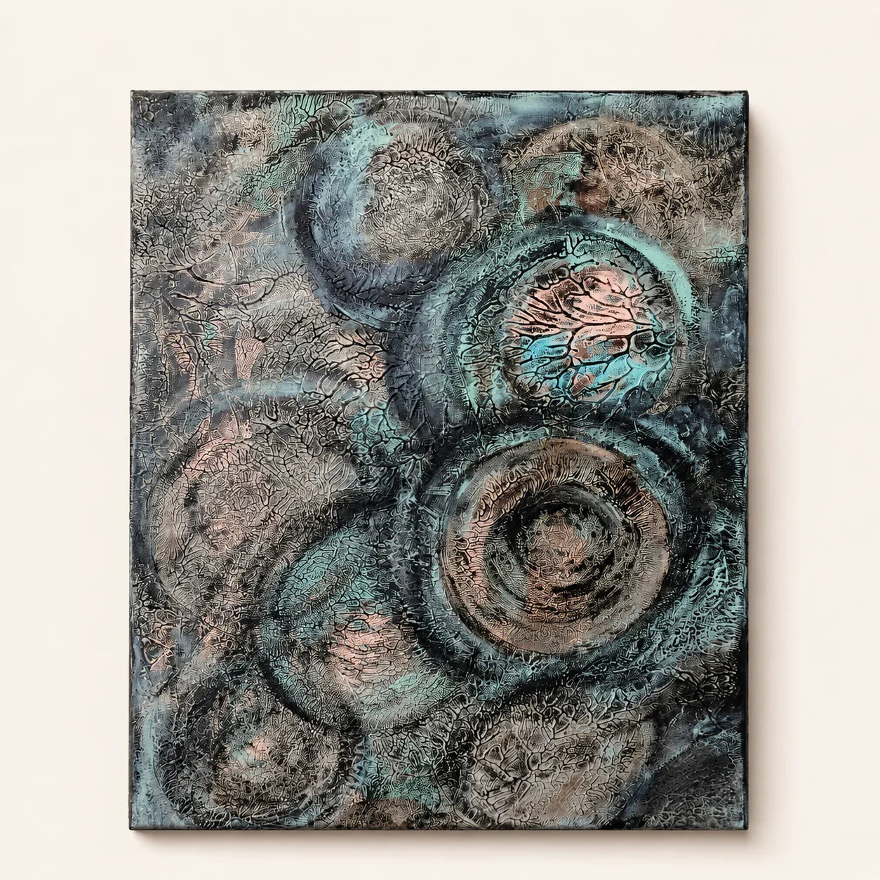 Abstract textured wall art with teal and copper circular patterns, handcrafted European decor