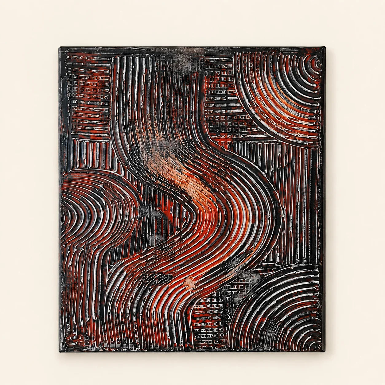 Abstract wall art with bold red and black wavy patterns, textured European craftsmanship