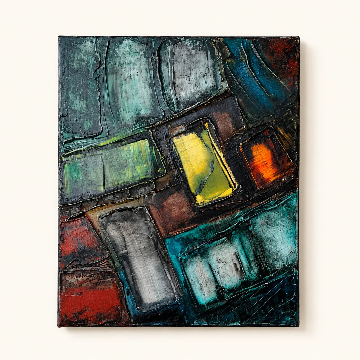 Abstract textured canvas art with bold teal, red, yellow, and gray geometric blocks