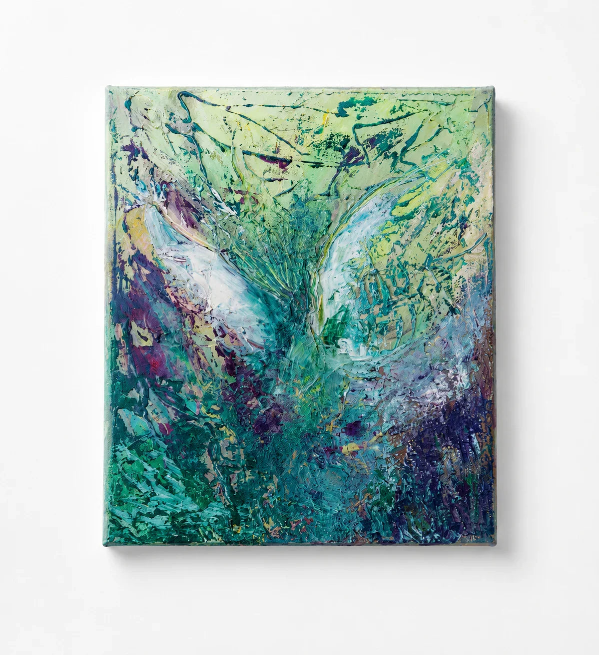 Abstract canvas art with vibrant green, purple, and teal brushstrokes, textured European-style painting