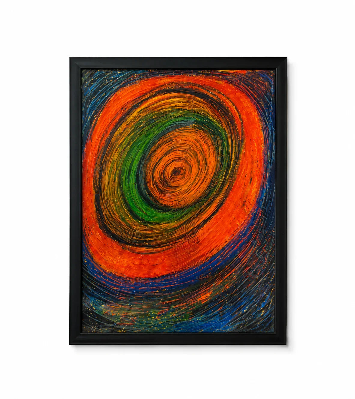 Vibrant abstract swirl painting in orange, green, blue with black frame