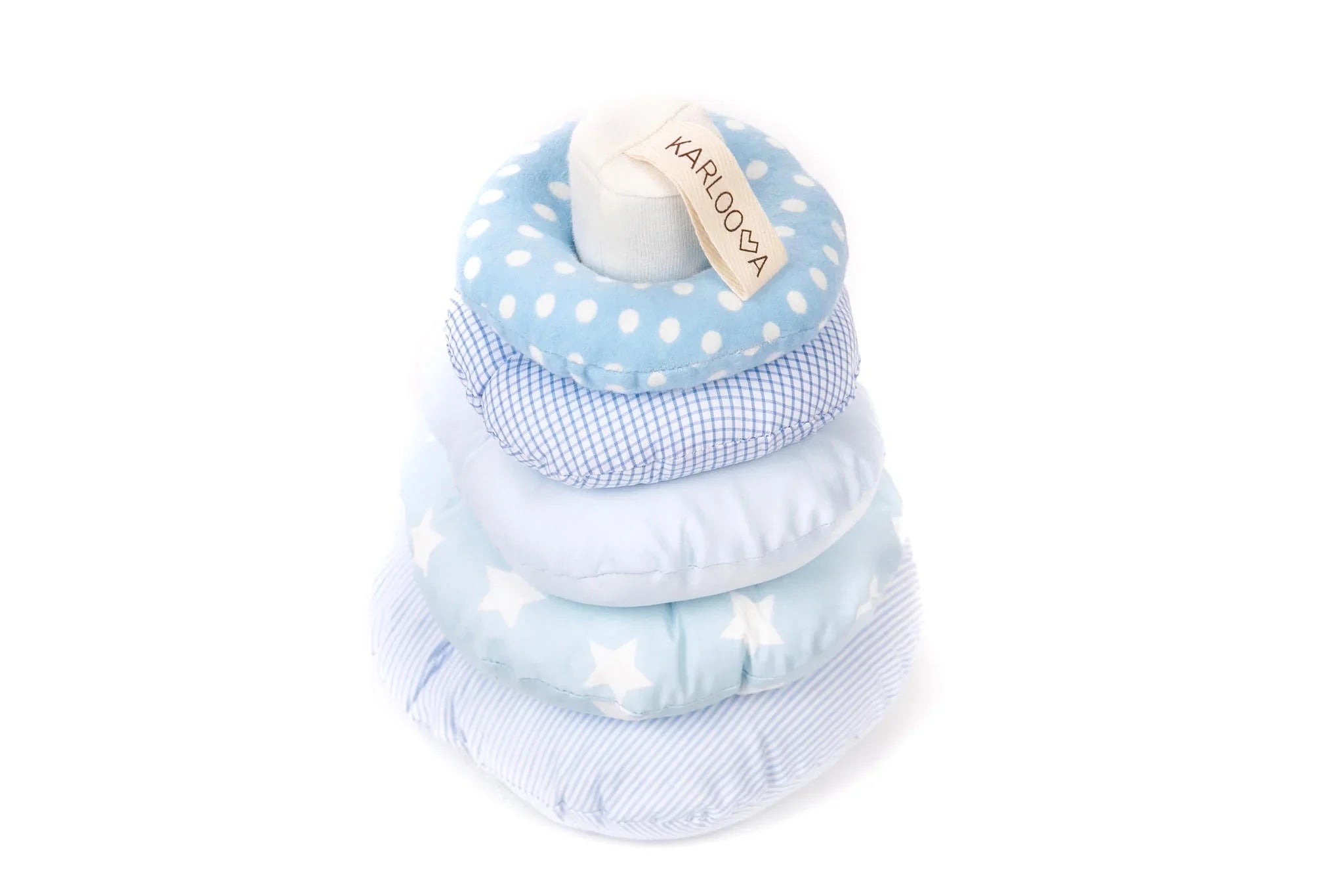 Soft fabric stacking toy with blue and white rings, polka dot and star patterns