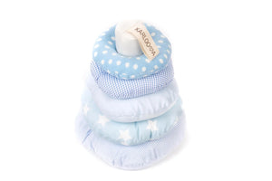 Soft fabric stacking toy with blue and white rings, polka dot and star patterns