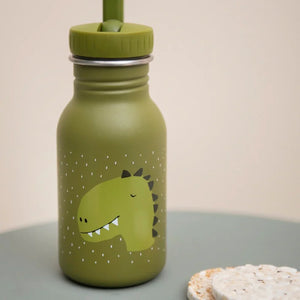 Gourde enfant en inox vert avec imprimé dinosaure et couvercle à paille