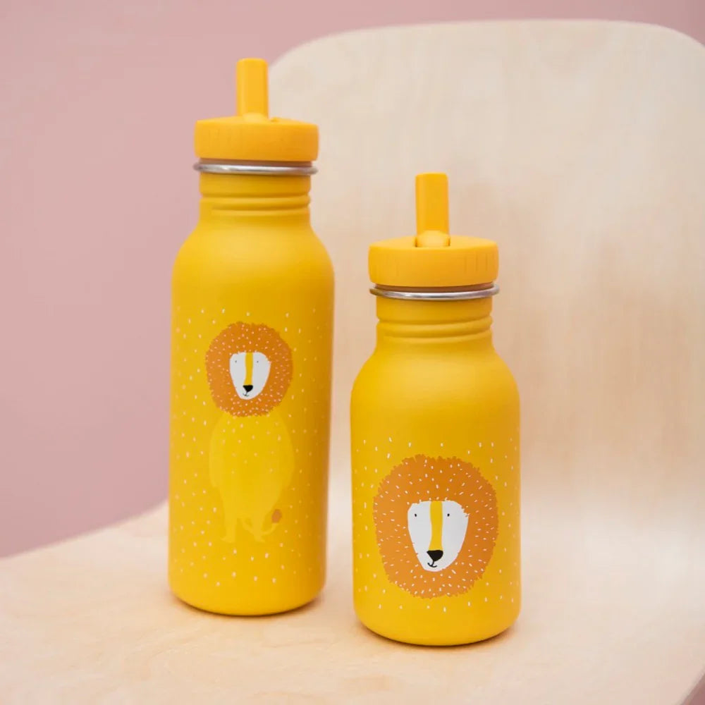 Botellas de agua infantiles de acero inoxidable amarillas con ilustración de león y tapas con pajita