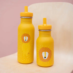 Gourdes enfant en inox jaune avec illustration lion et couvercles à paille