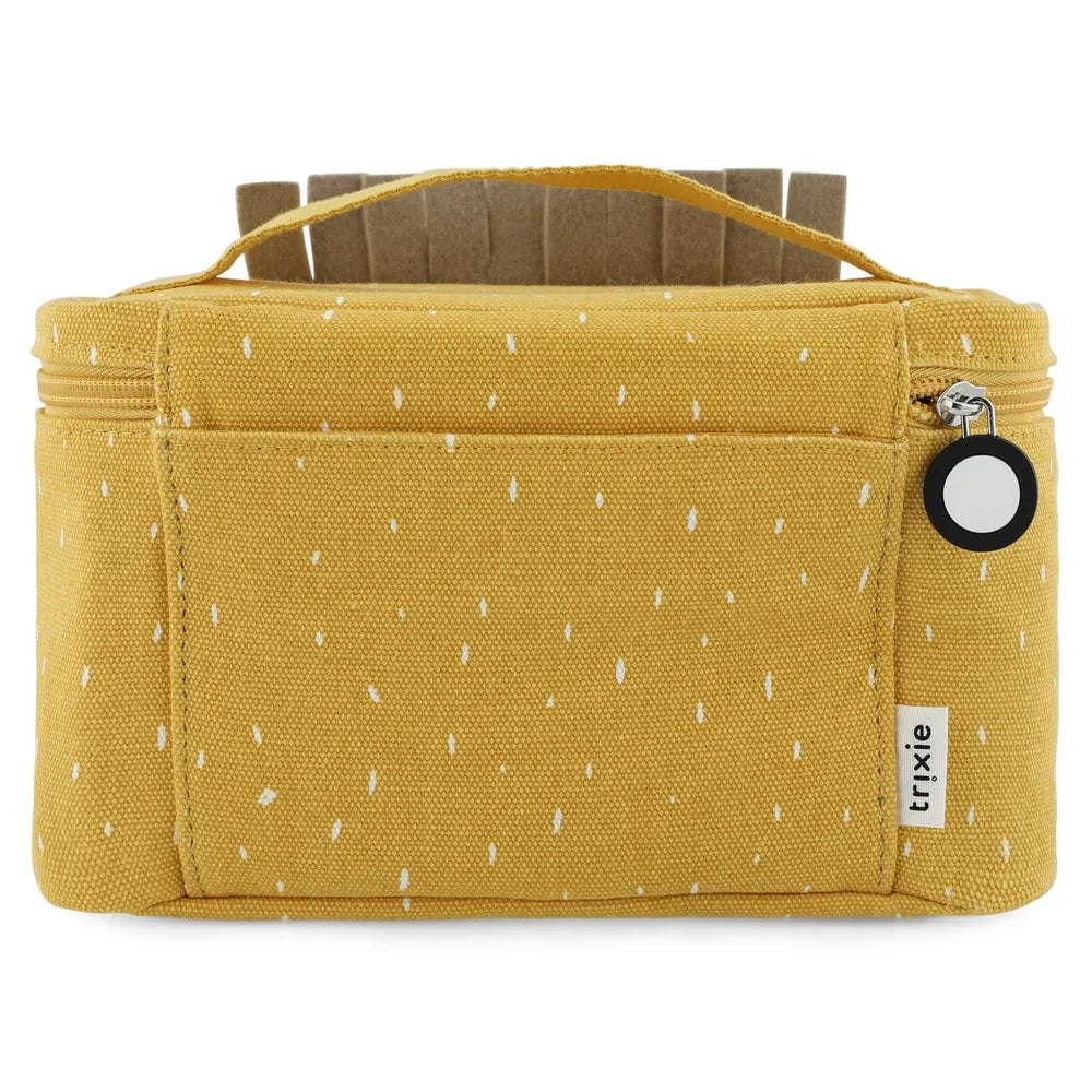 Senfgelbe Canvas-Organizer-Tasche mit weißen Sprenkeln und Vordertasche