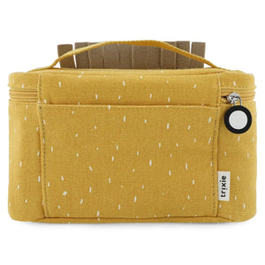 Sac organisateur en toile jaune moutarde avec motif taches blanches et poche frontale