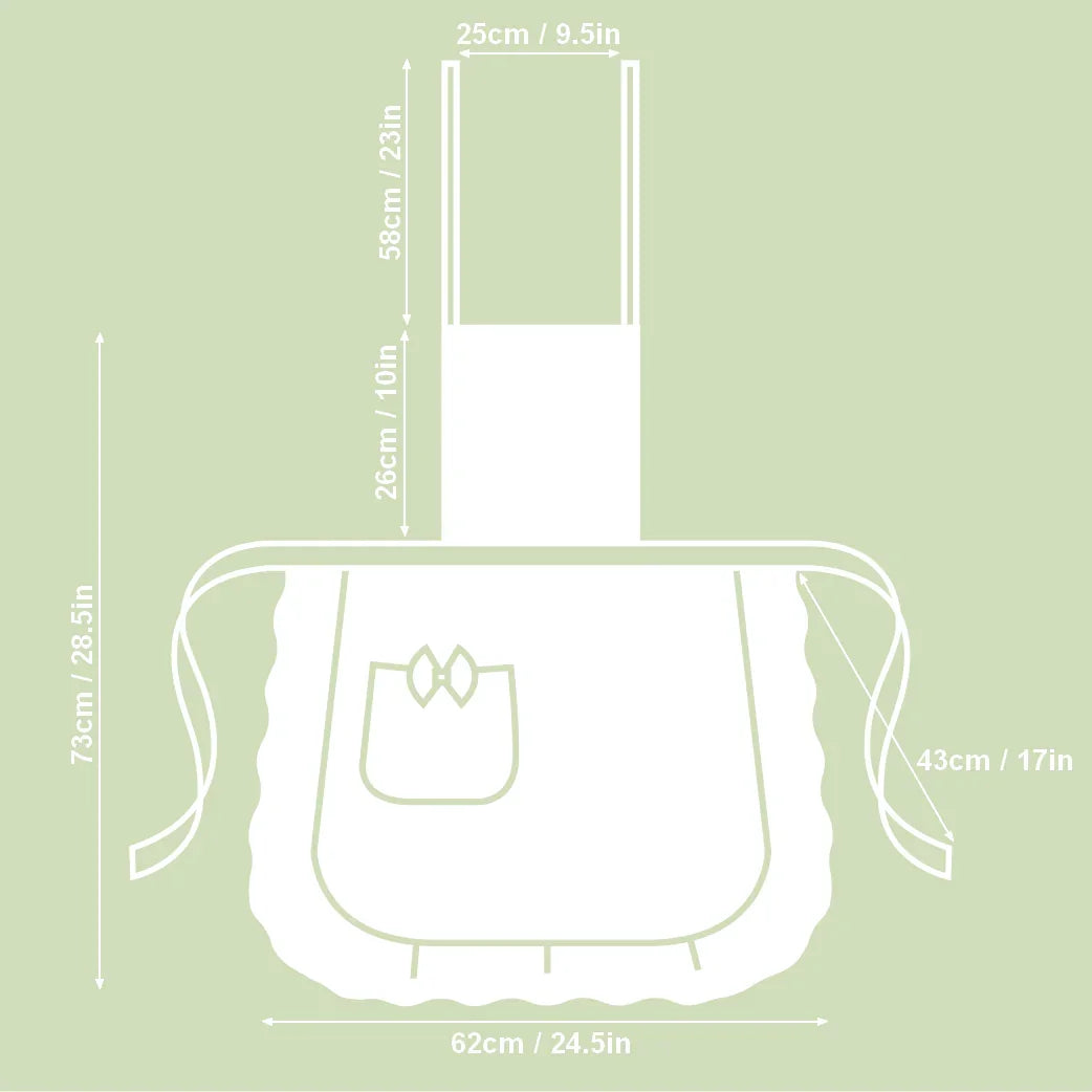 White nursery apron with bow pocket, scalloped hem, 73cm height, 62cm width, European design
