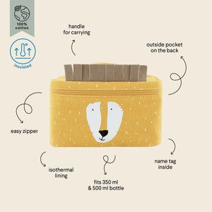 Porte-biberon isotherme en coton jaune avec imprimé ours, fermeture zippée, poignée et poche arrière