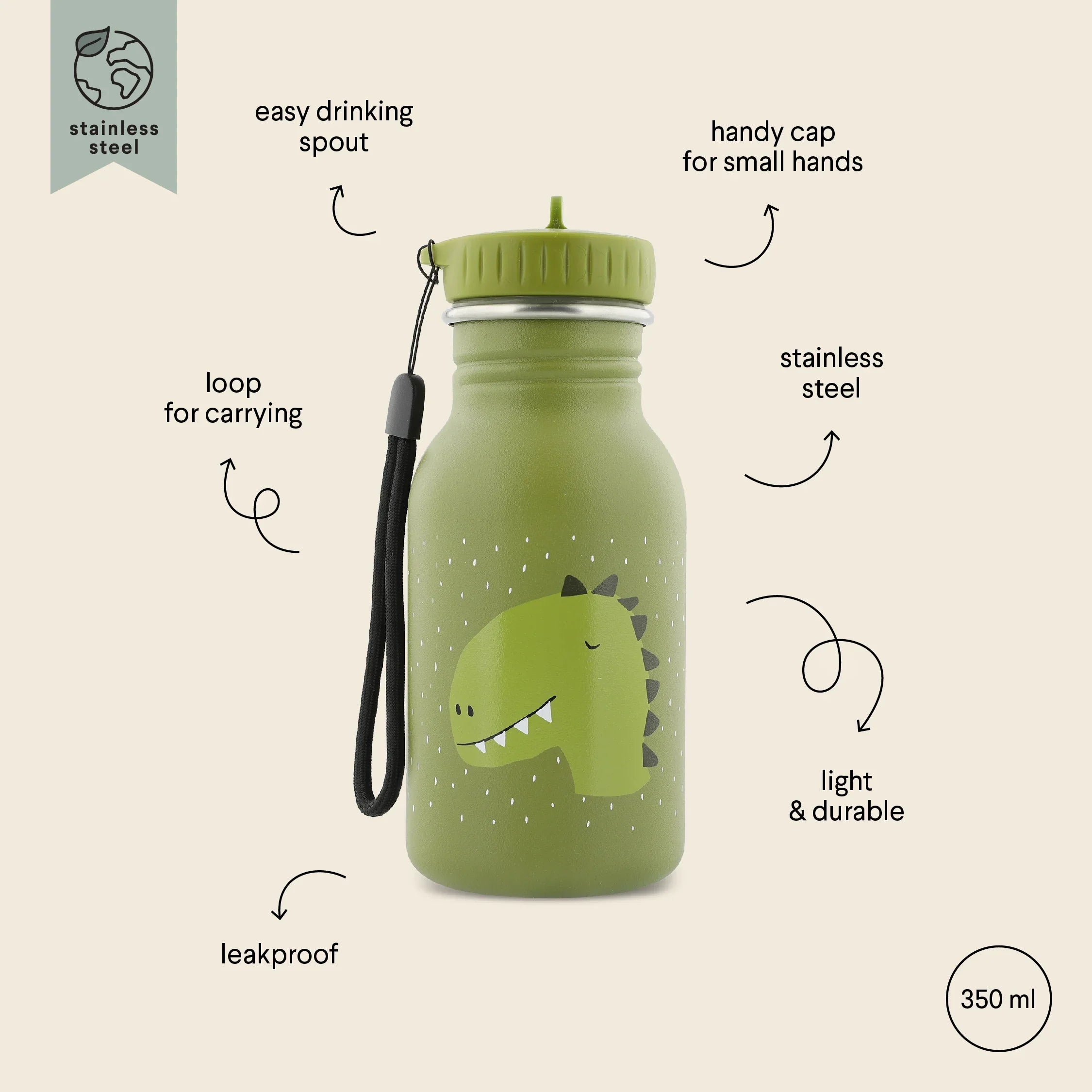 Botella de agua infantil de acero inoxidable verde con estampado de dinosaurio, a prueba de fugas, 350 ml, asa de transporte
