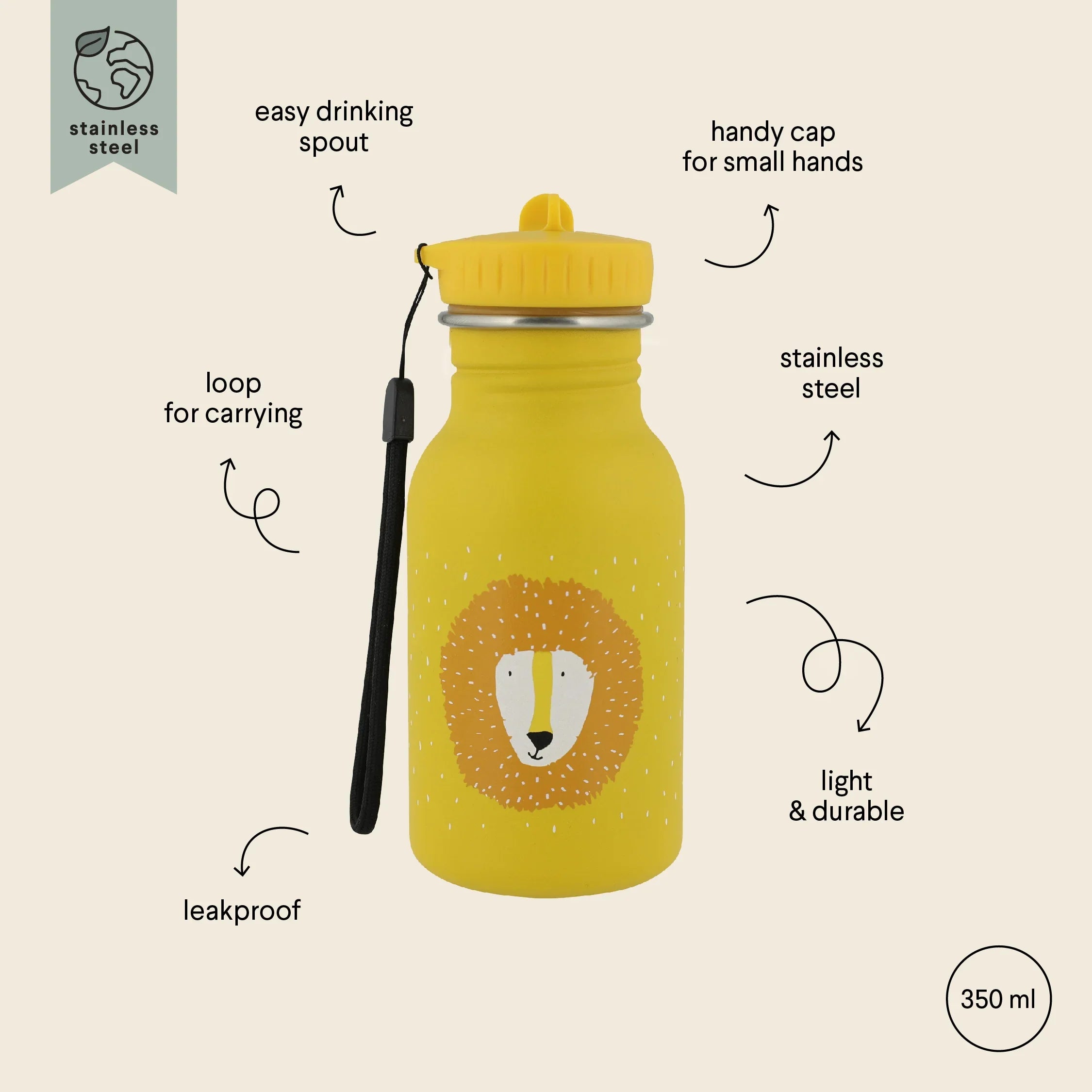 Botella de agua infantil de acero inoxidable amarilla con ilustración de león, a prueba de fugas, 350 ml, asa de transporte