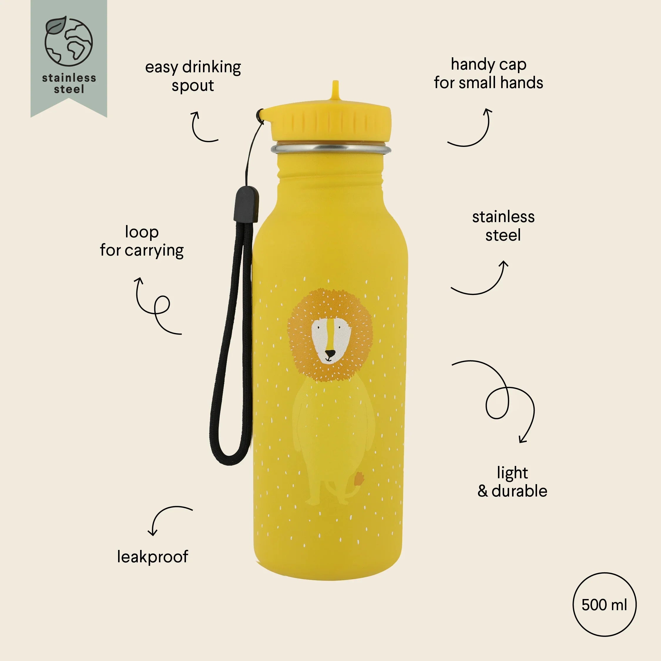 Botella de agua infantil de acero inoxidable amarilla con ilustración de león, a prueba de fugas, capacidad de 500 ml, asa fácil de transportar