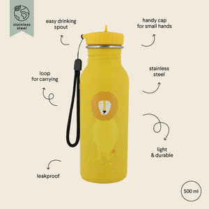 Gourde enfant en inox jaune avec illustration lion, anti-fuite, capacité 500 ml, anse de transport facile
