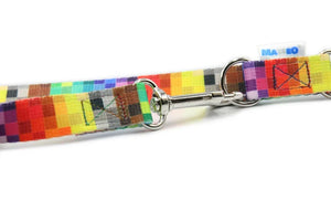 Colorful pixel-patterned dog leash with silver hardware and MAEO tag, artisan pet accessory